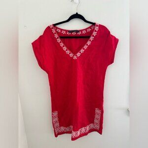 Zara Red Linen Dress with White Embroidered Detailing